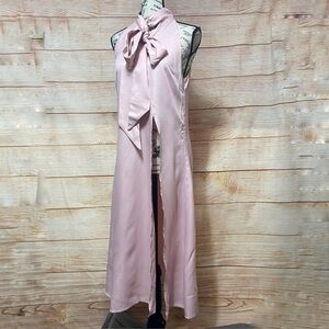 Women's Pink Size Small Solid‎ Color Bow knot Tie Neck High Slit Long Tunic